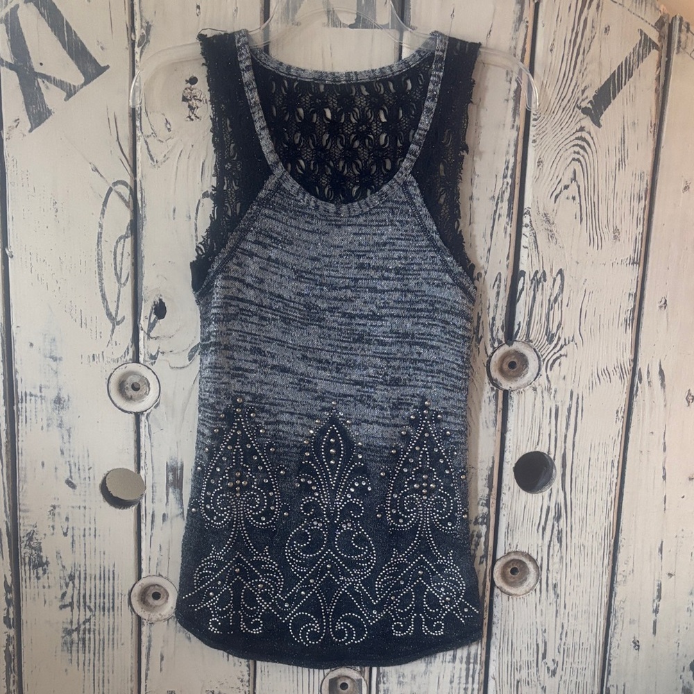 Miss Me Black and Gray Embellished Tank Top